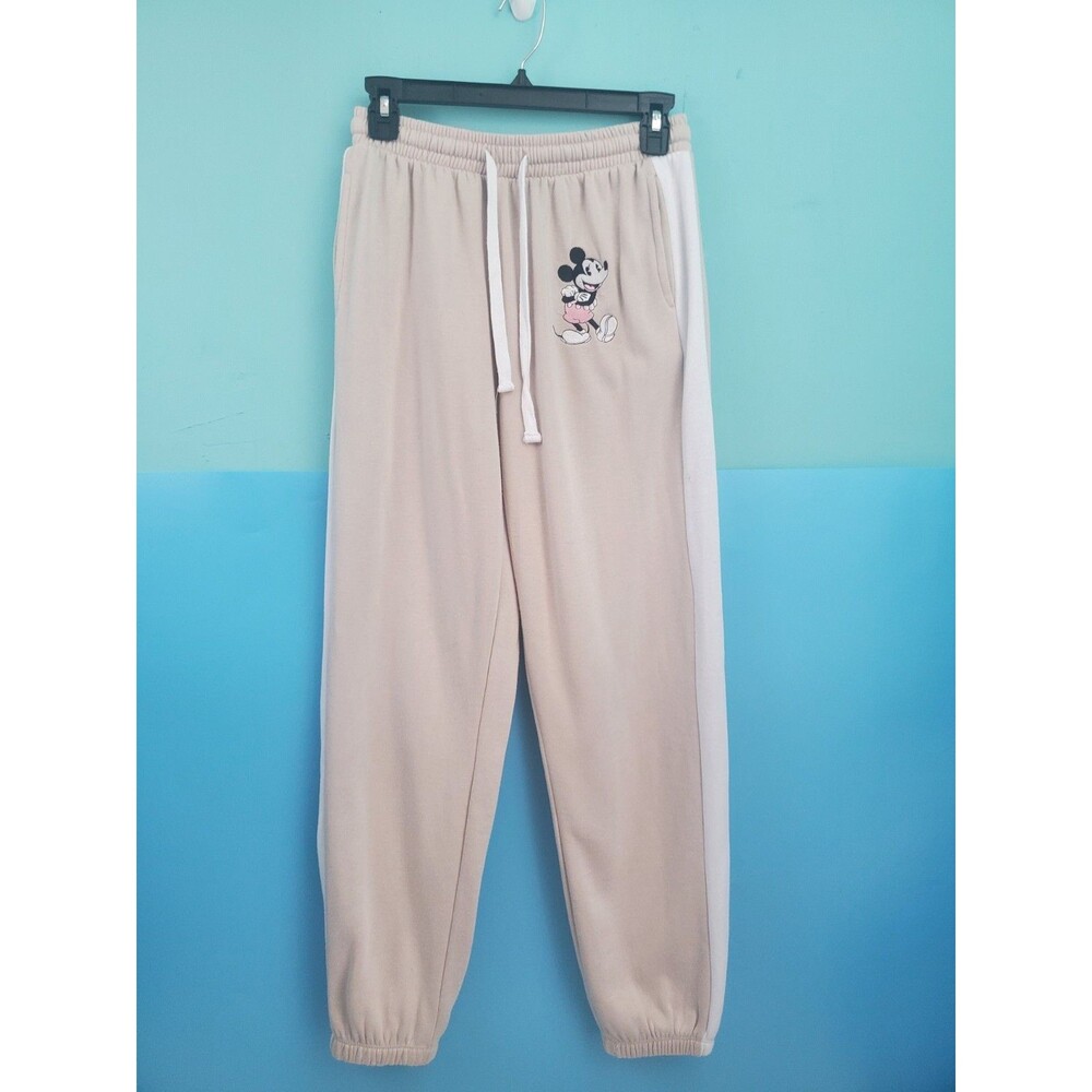 DISNEY Women’s Mickey Mouse Joggers Sweatpants Tan Beige White Stripe Track...